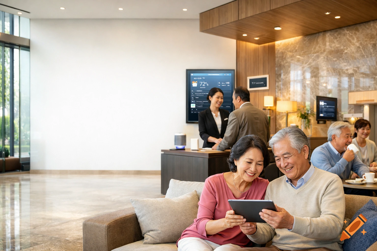A senior couple smiles while looking at a tablet in a modern luxury hotel lounge, with other seniors and staff in the background.