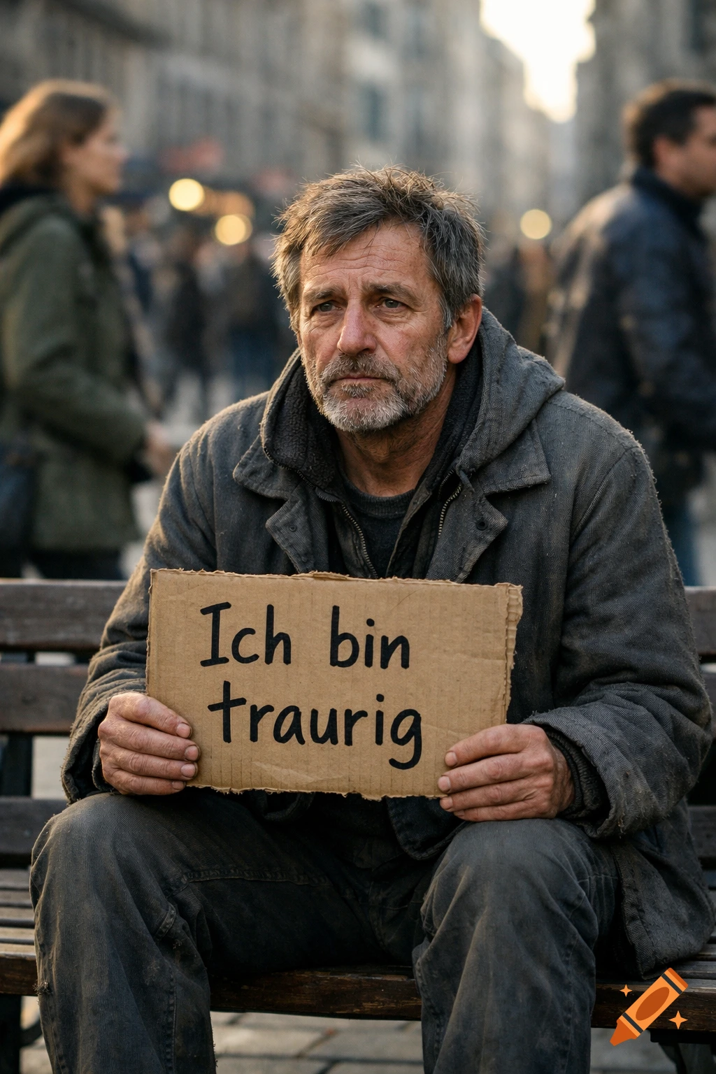 A weary man with a beard sits on a bench in a city street, holding a sign that reads 'Ich bin traurig' (I am sad).
