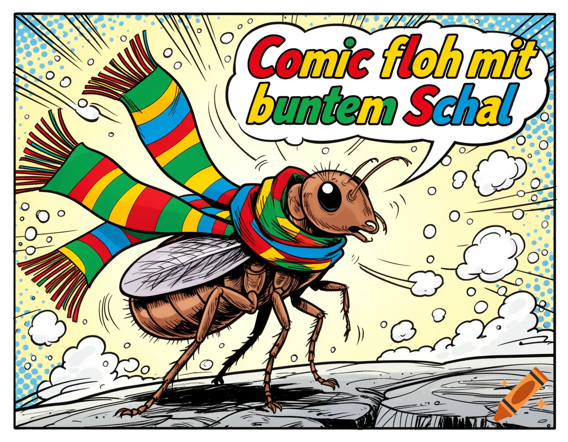 A comic-style flea wearing a colorful striped scarf, with a speech bubble saying 'Comic floh mit buntem Schal'.