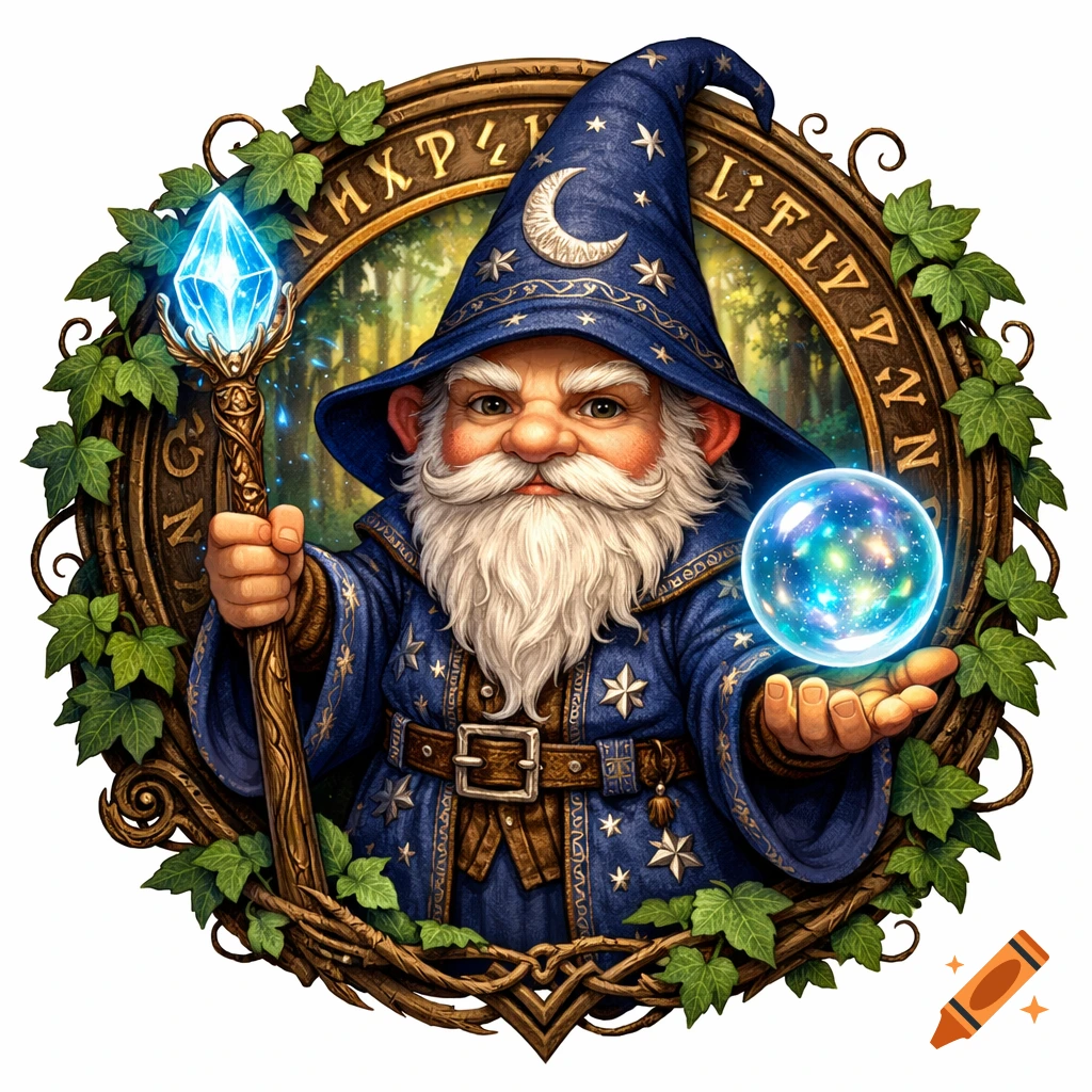 A friendly garden gnome wizard, with a white beard and blue hat, holding a glowing crystal staff and a crystal ball within an ornate leafy, runic frame.