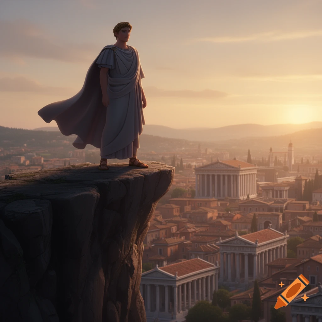 Animated Roman figure in a toga standing on a cliff overlooking an ancient city at sunset.