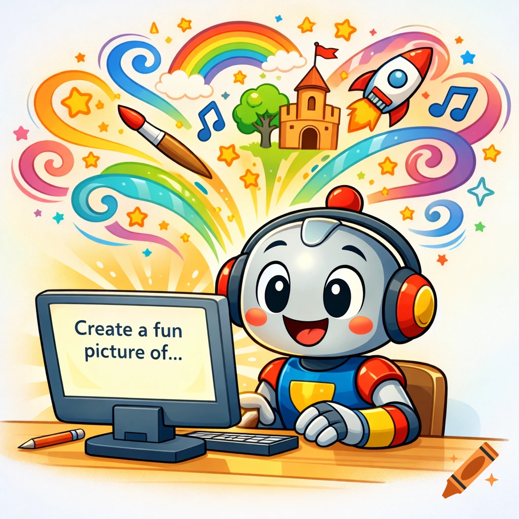 A cheerful cartoon robot at a computer, displaying 'Create a fun picture of...' on screen, with a colorful burst of creative elements like a rainbow and rocket.