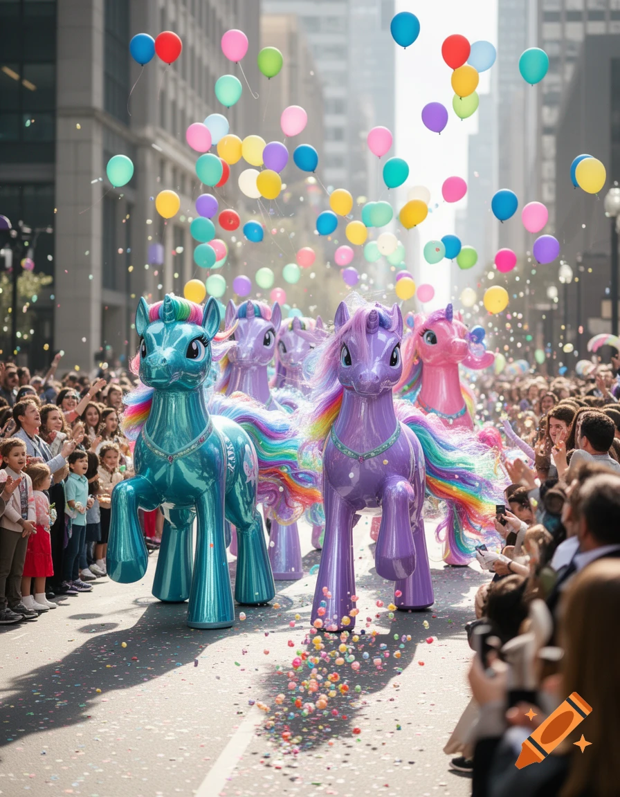 Colorful, shiny My Little Pony-style floats parade down a city street, surrounded by cheering crowds, balloons, and confetti.
