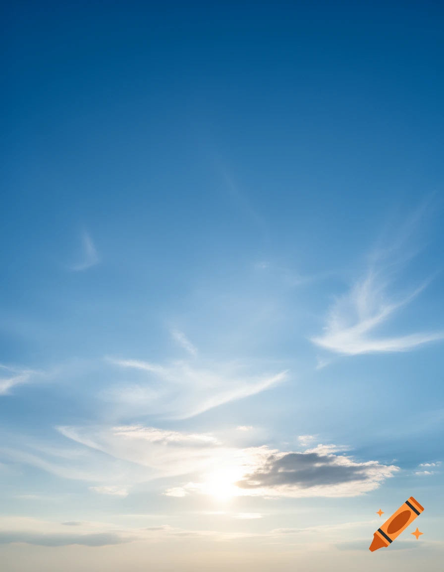 A clear blue sky with wispy white clouds and a bright sun near the horizon.