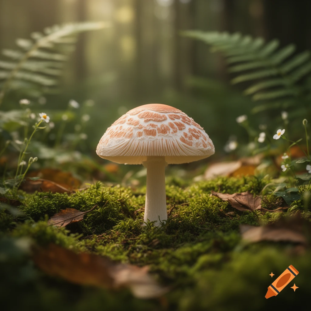 Close-up of a white mushroom with an orange-patterned cap growing in green moss and leaves in a sunlit forest.