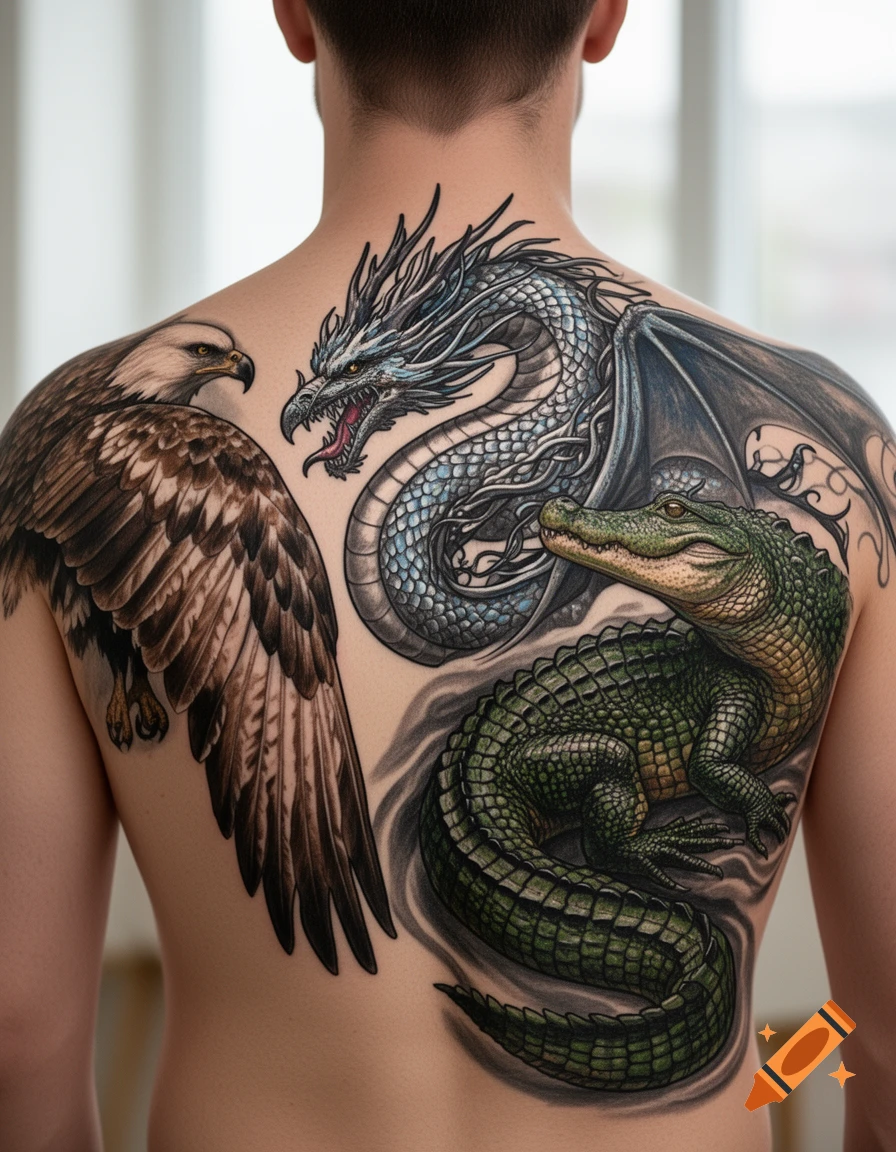 Detailed back tattoo of an eagle, a dragon, and an alligator on a man's back.