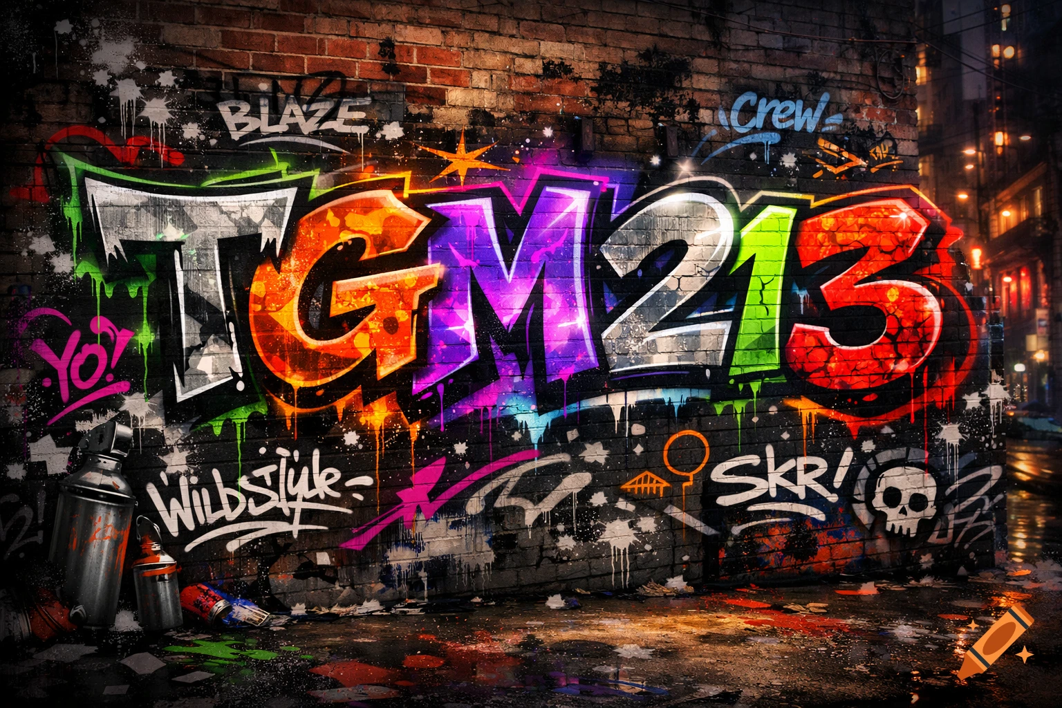 Vibrant graffiti art on a brick wall featuring the letters 'TGM213', spray cans, and various tags on a wet urban street at night.