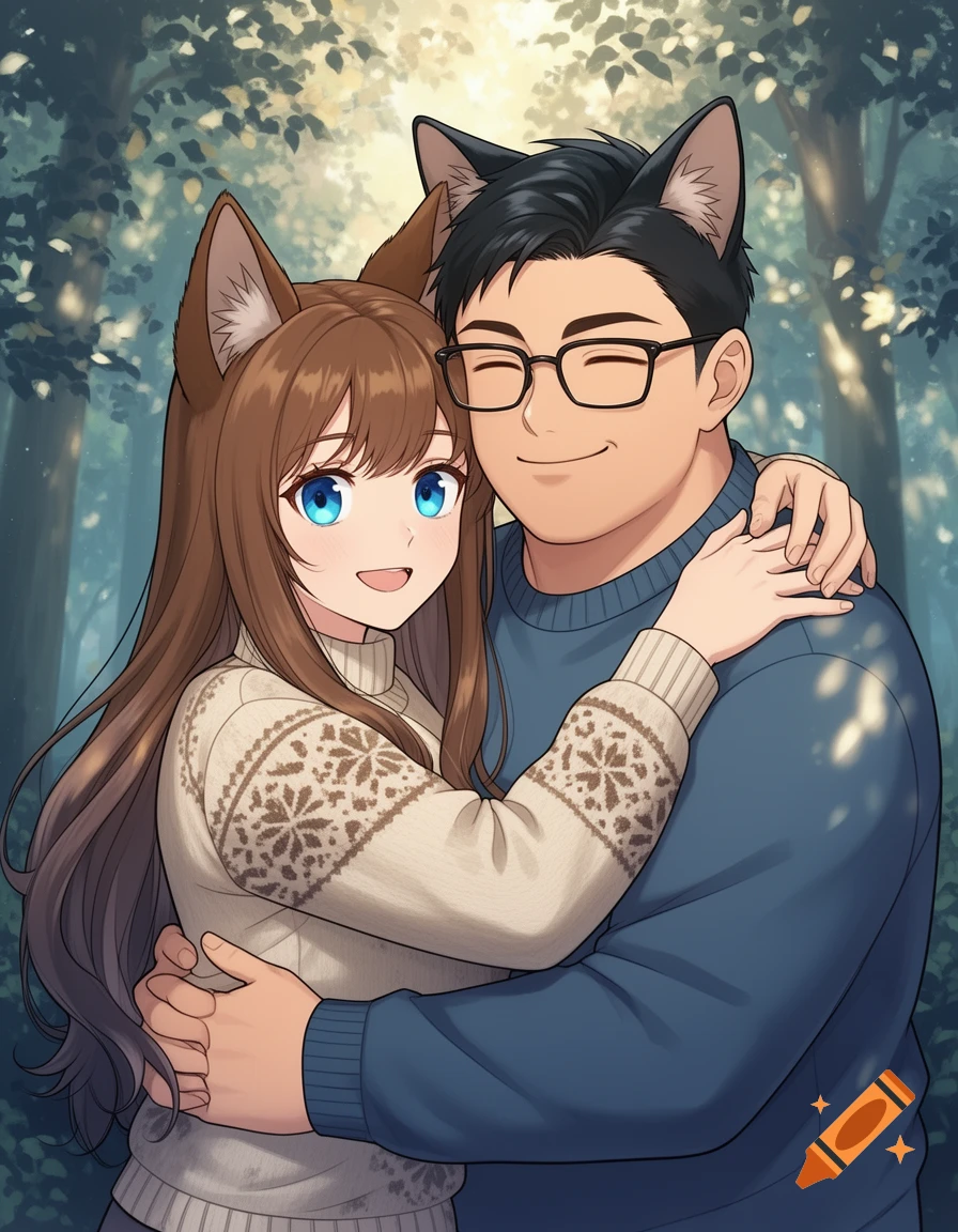 Manga-style couple with animal ears, a woman with blue eyes and wolf ears hugging a man with cat ears and glasses in a sunlit forest.