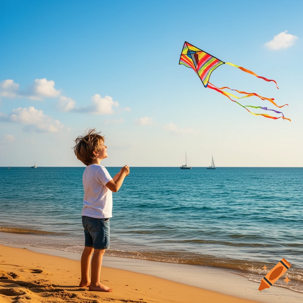 A young boy stands barefoot on a sandy beach, flying a colorful kite over the blue ocean under a clear sky.