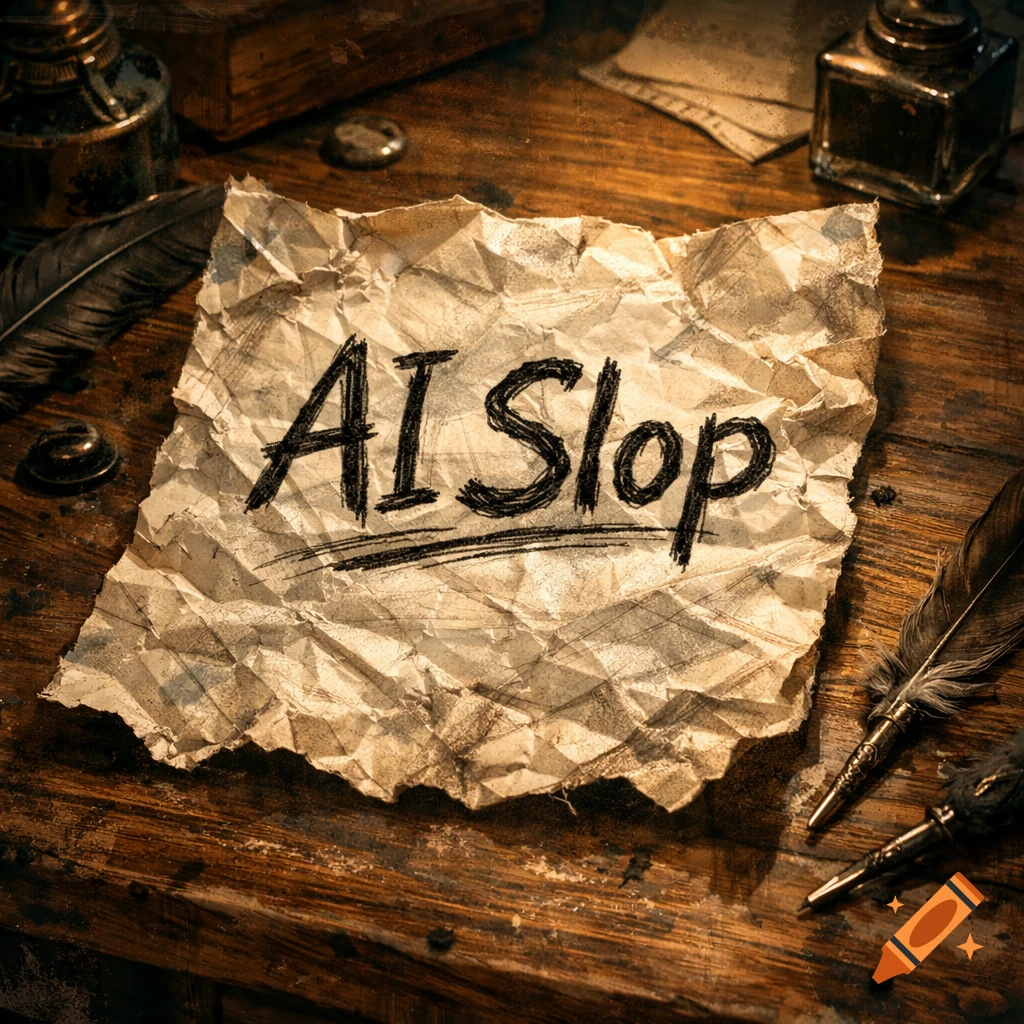 Crumpled paper with "AI Slop" written in black ink, surrounded by quills and inkwells on a rustic wooden desk in a vintage style.