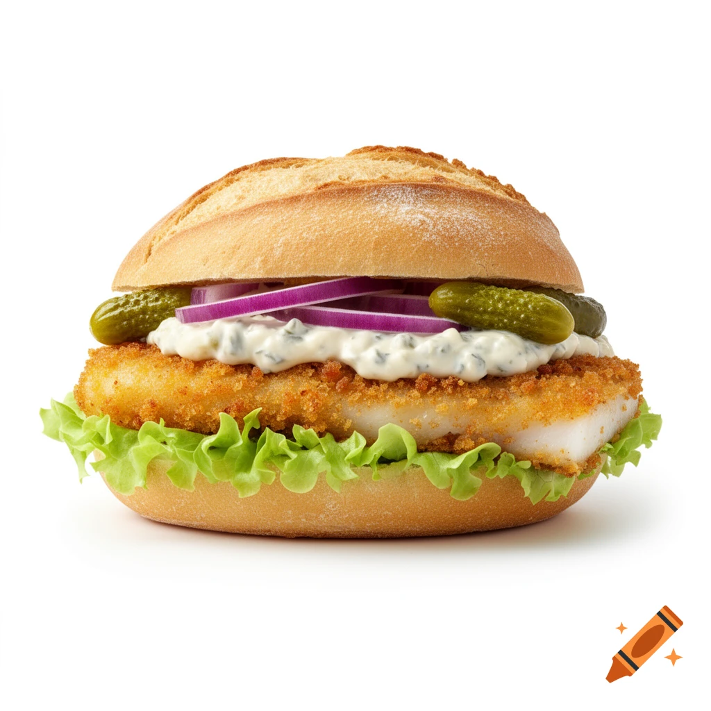 Photorealistic fish sandwich with lettuce, tartar sauce, red onions, and pickles on a bun, white background.