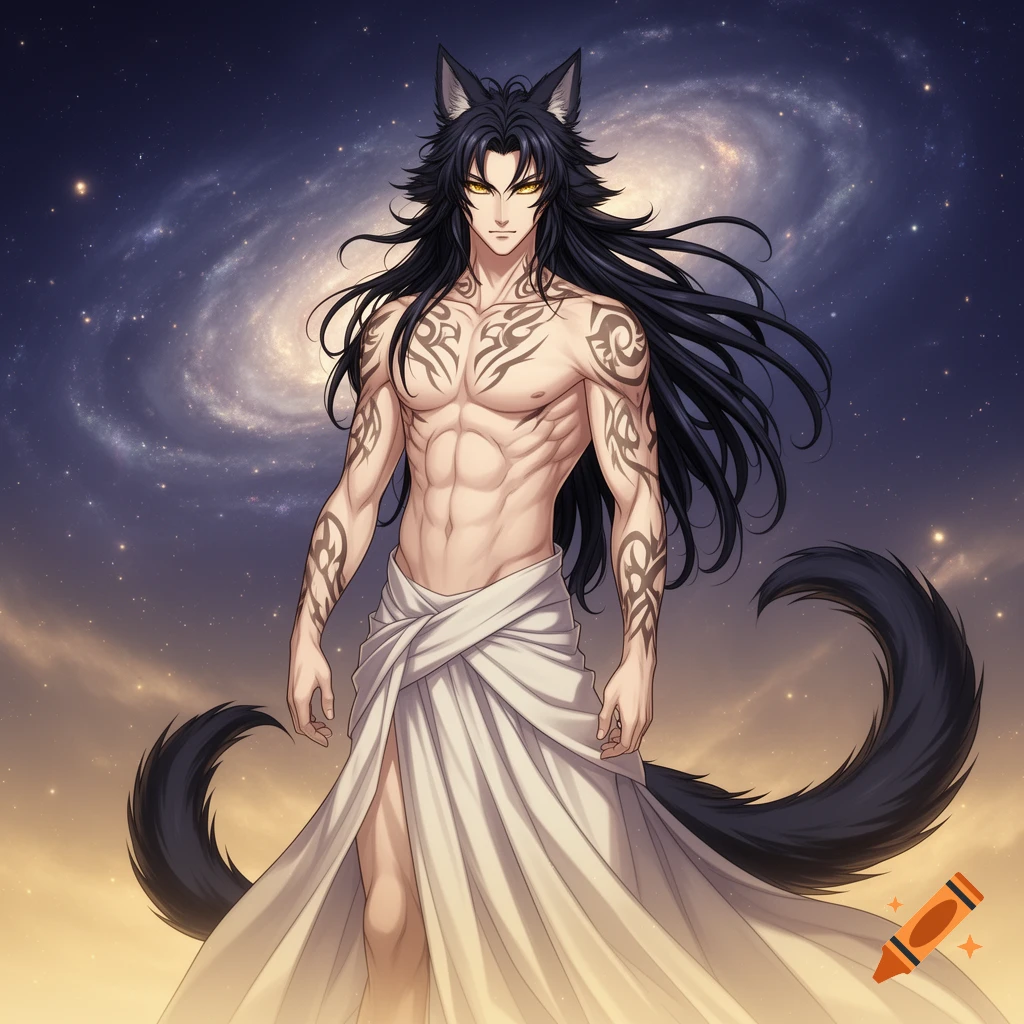Handsome anime man with black wolf ears, tail, long hair, golden eyes, tribal tattoos, and white toga, against a swirling galaxy.
