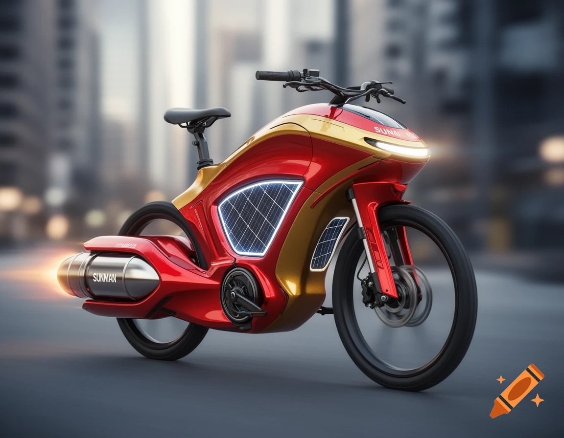 A sleek, futuristic red and gold e-bike with solar panels and a small rocket booster, styled like a superhero vehicle, in an urban setting.