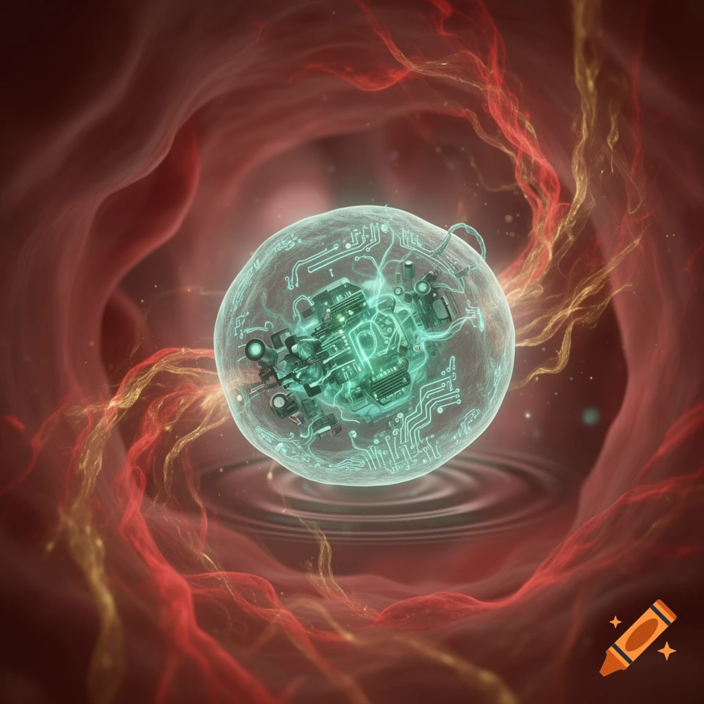 A glowing, transparent, circuit-filled micro-robot resembling a cell, floating within a red and golden biological environment.