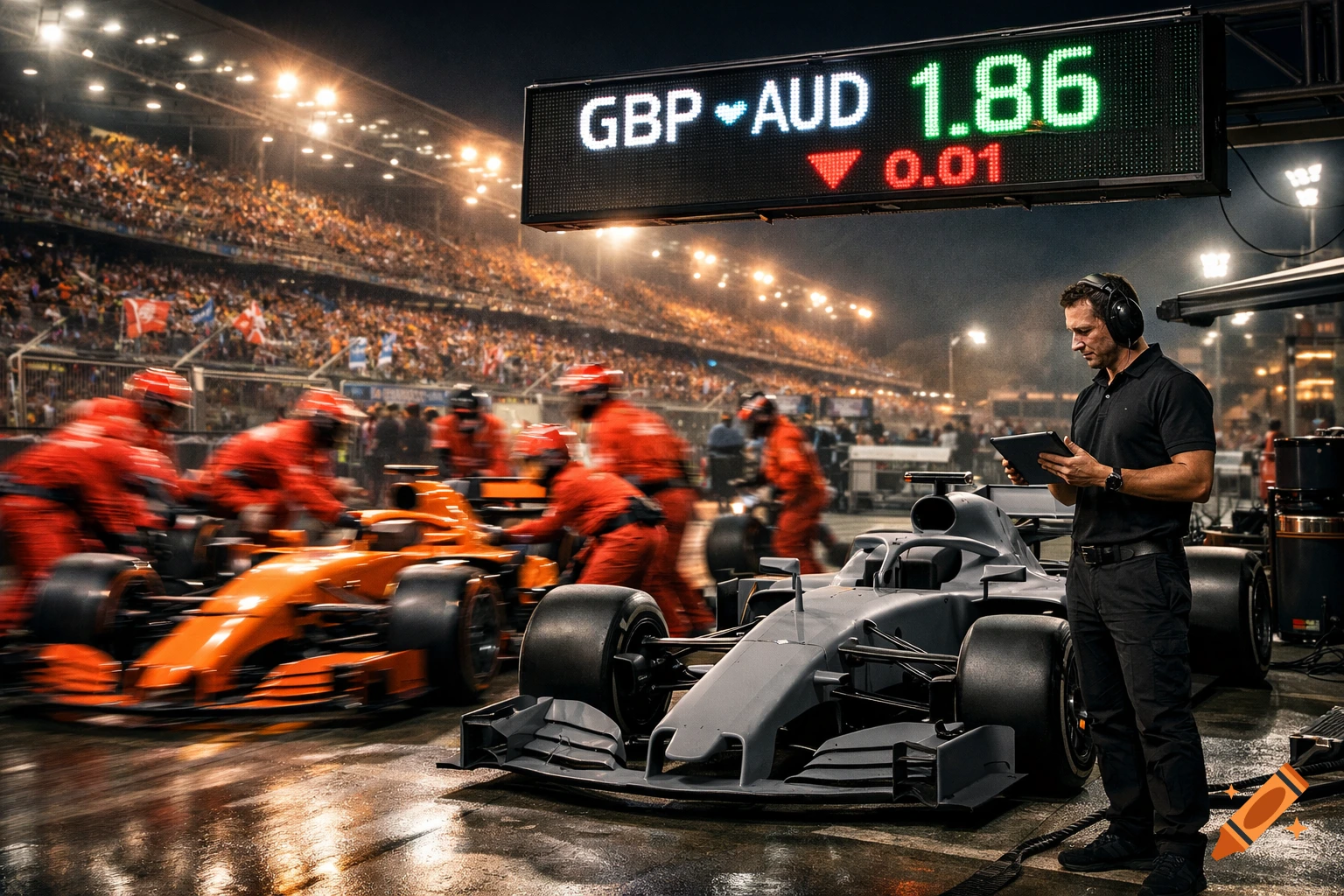 Cinematic shot of a Formula 1 pit stop at night. Pit crew in red service an orange car, while an engineer with a tablet stands by a grey car.
