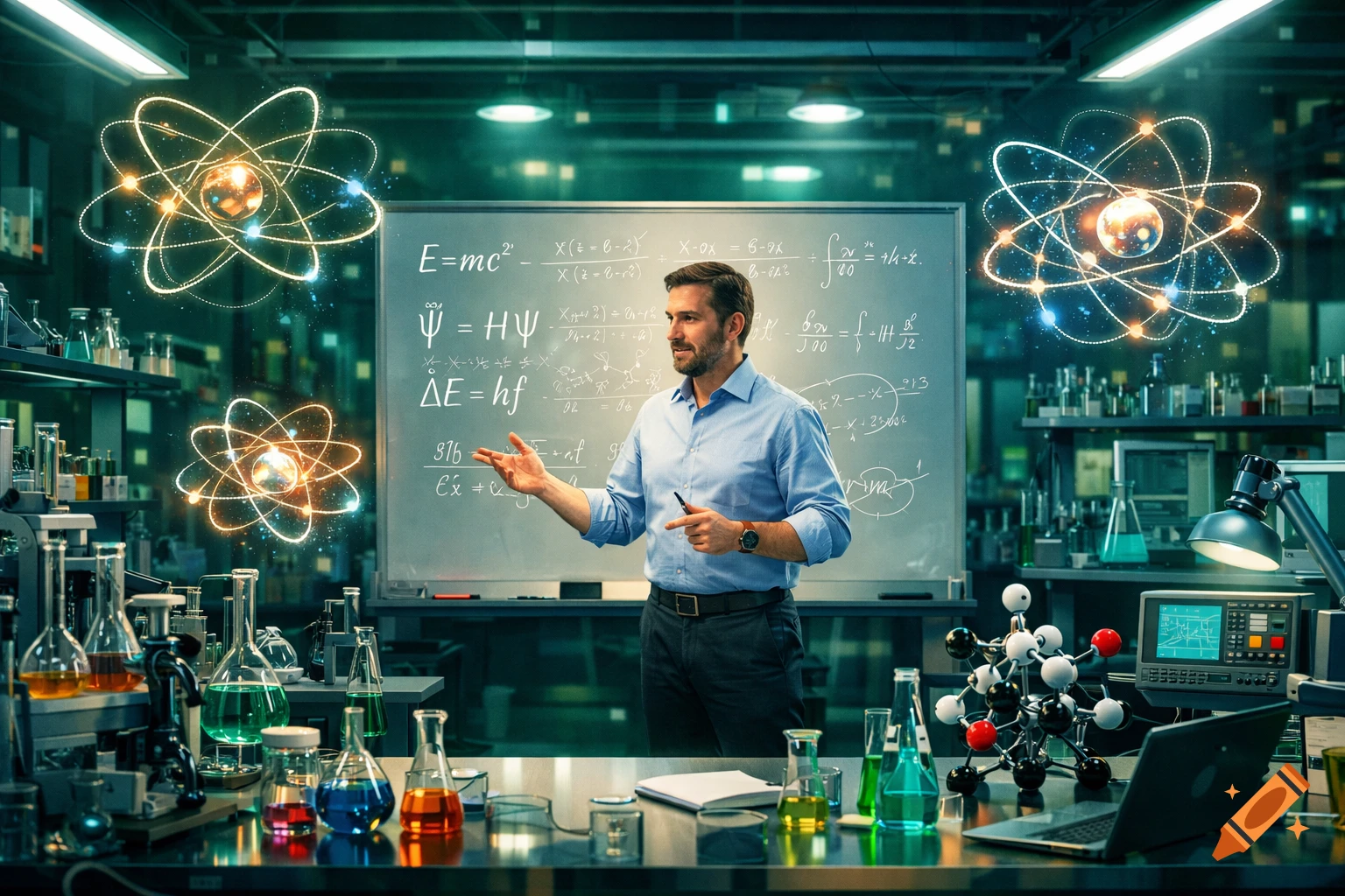 A man in a blue shirt explains physics equations on a whiteboard in a futuristic laboratory with glowing atoms. Photorealistic style.