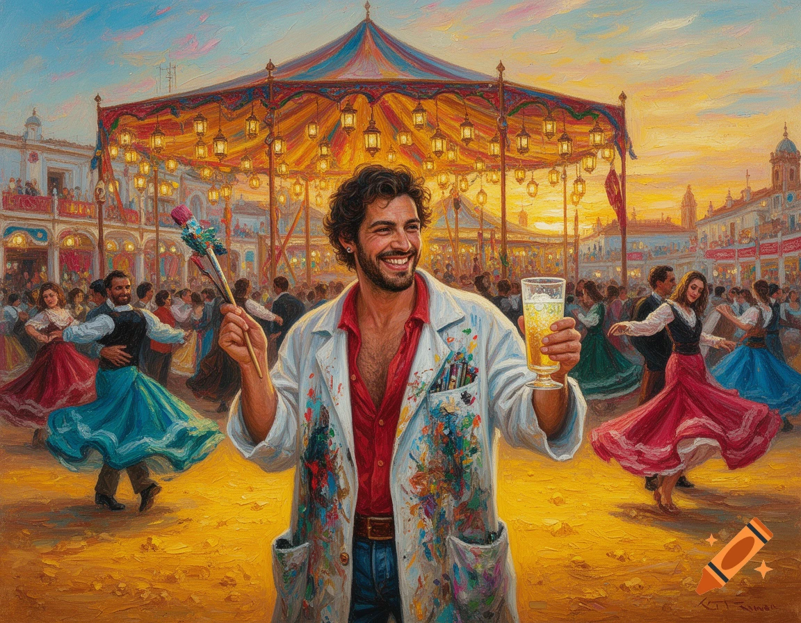Impressionist painting of a smiling artist holding a paintbrush and a drink at a vibrant Spanish fair with people dancing sevillanas.