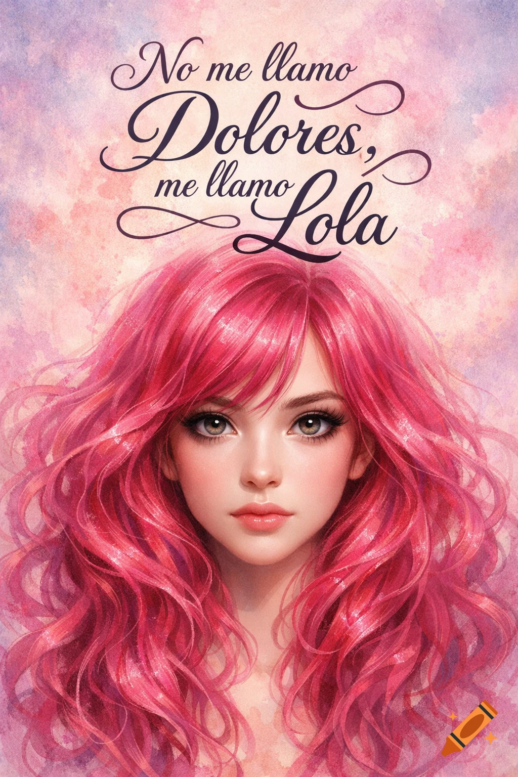 Illustration of a young woman with long, wavy pink hair looking forward, with text 'No me llamo Dolores, me llamo Lola' on a watercolor background.