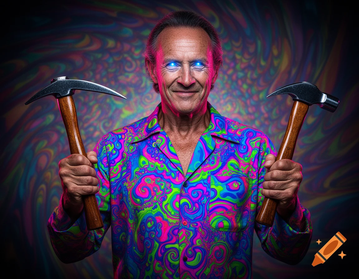 A man in a vibrant psychedelic shirt, with glowing blue eyes, holds a pickaxe and a hammer against a swirling colorful background.