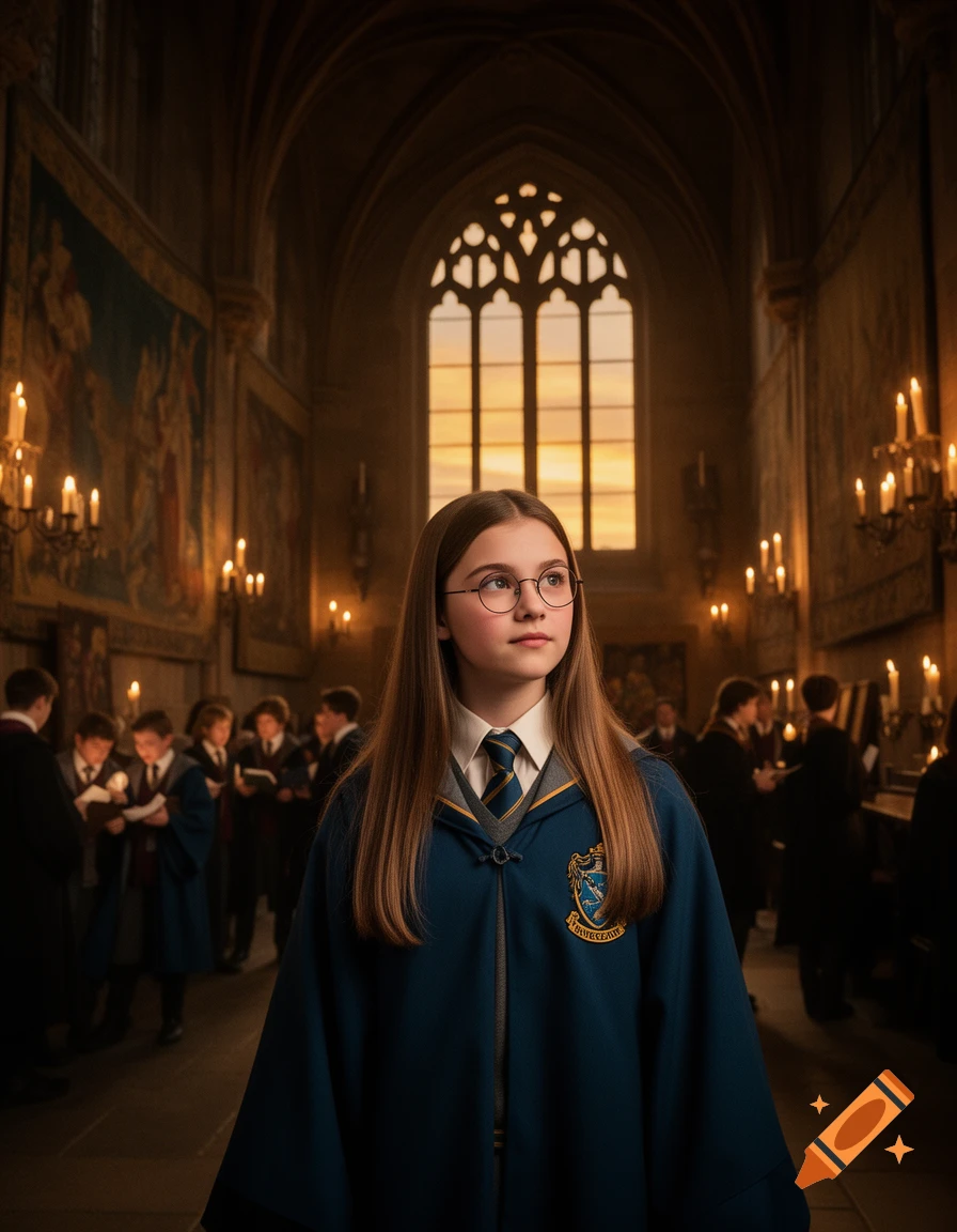A young girl with long brown hair and glasses wears a blue Ravenclaw robe, standing in a grand, candlelit hall with arched windows.