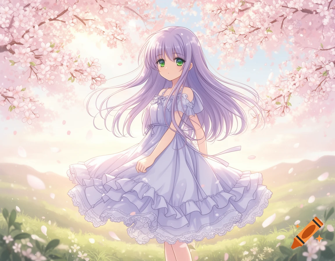 Anime girl with purple hair in a light purple ruffled dress, standing under pink cherry blossoms with falling petals.