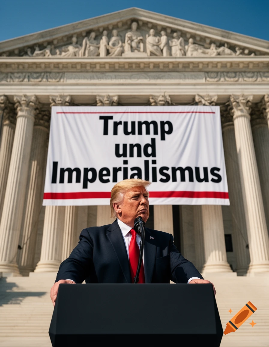 Donald Trump speaks at a podium in front of a classical building with a banner saying 'Trump und Imperialismus'.