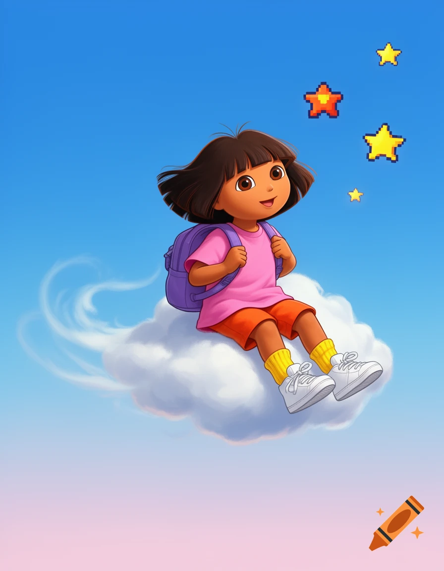 A cartoon Dora the Explorer-like girl with a purple backpack and pink shirt sits on a white cloud, floating in a blue and pink sky with pixelated stars.