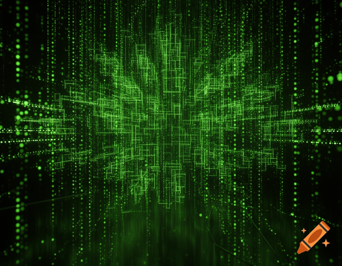 A vibrant green digital matrix composed of glowing dots and lines ...
