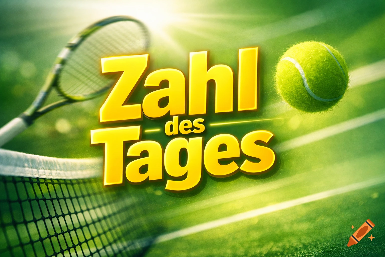Golden 3D text 'Zahl des Tages' on a vibrant green tennis court with a racket, net, and ball under bright sunlight.