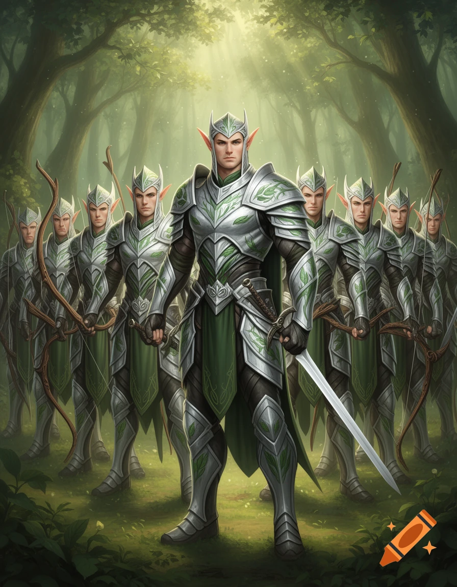 A group of male elves in silver and green armor holding bows and swords, led by one elf, stand in a sunlit green forest.