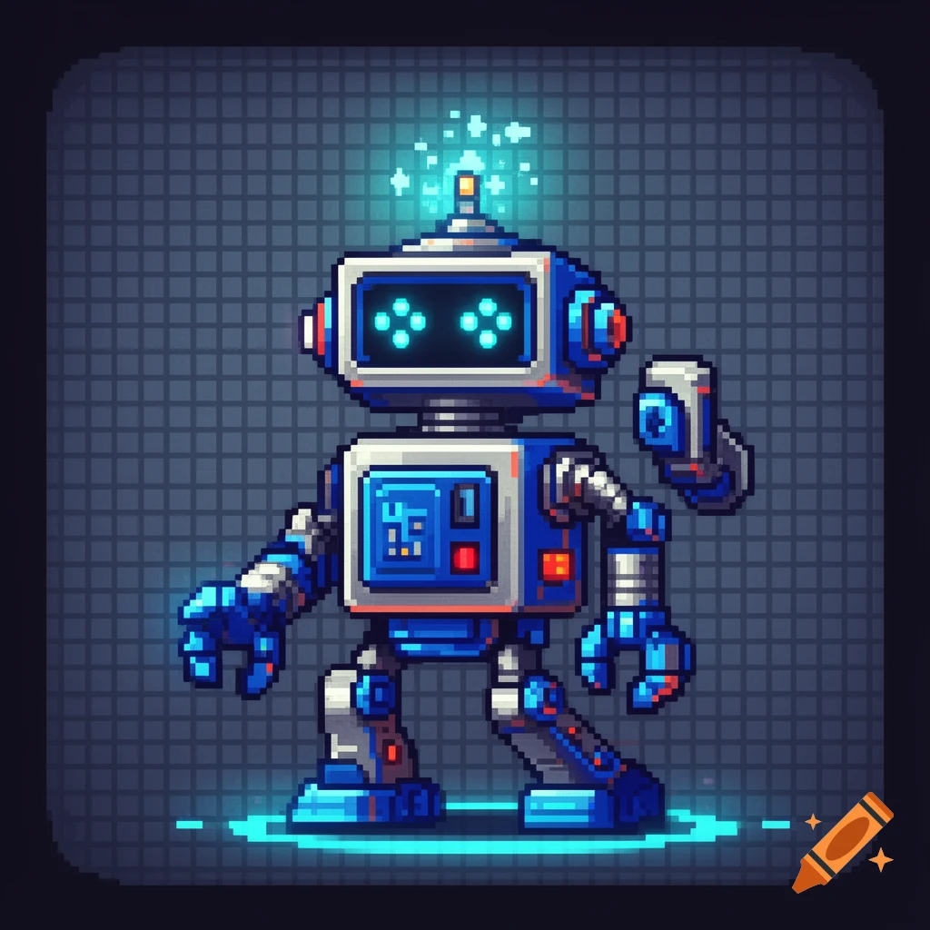 A blue and white pixel art robot with glowing eyes and antenna stands on a neon-lit base against a grid background.