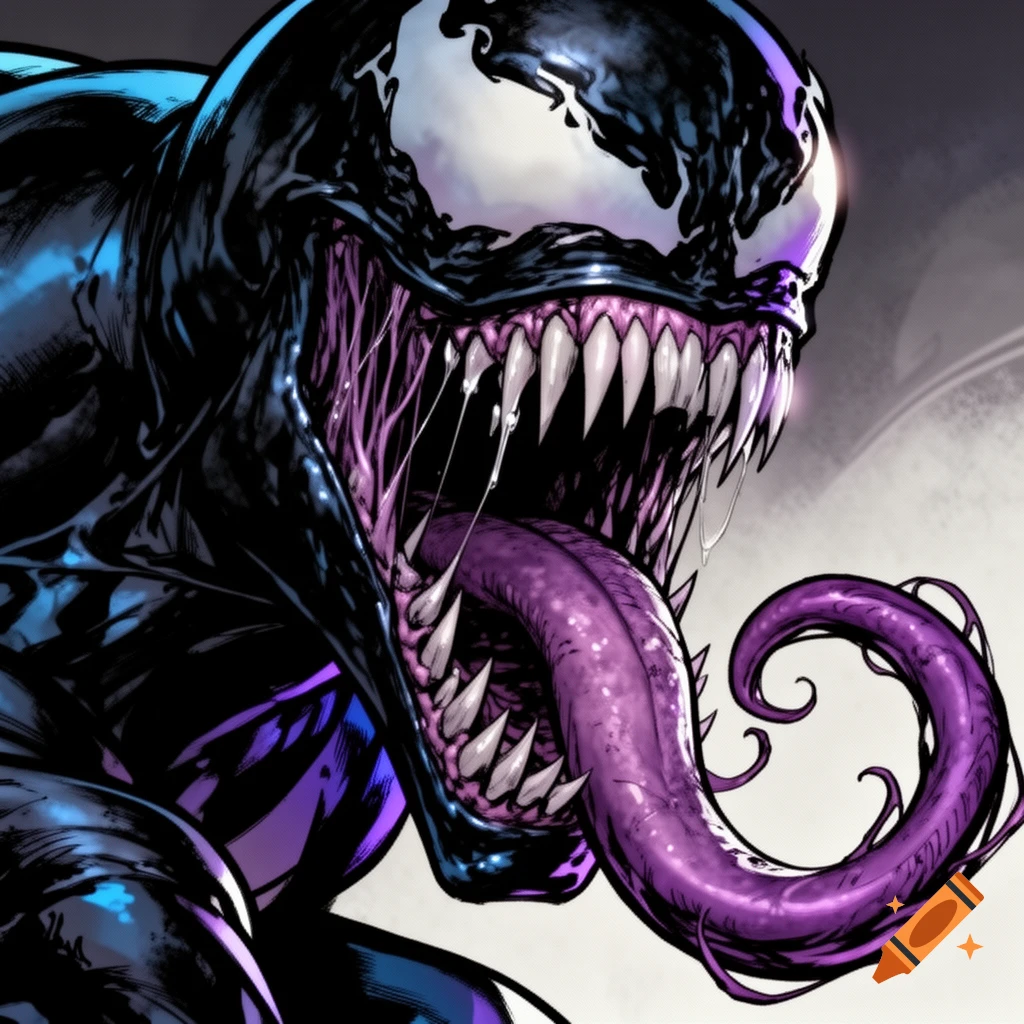 Close-up comic art of Venom roaring, mouth open revealing many sharp teeth and a long, curling purple tongue.