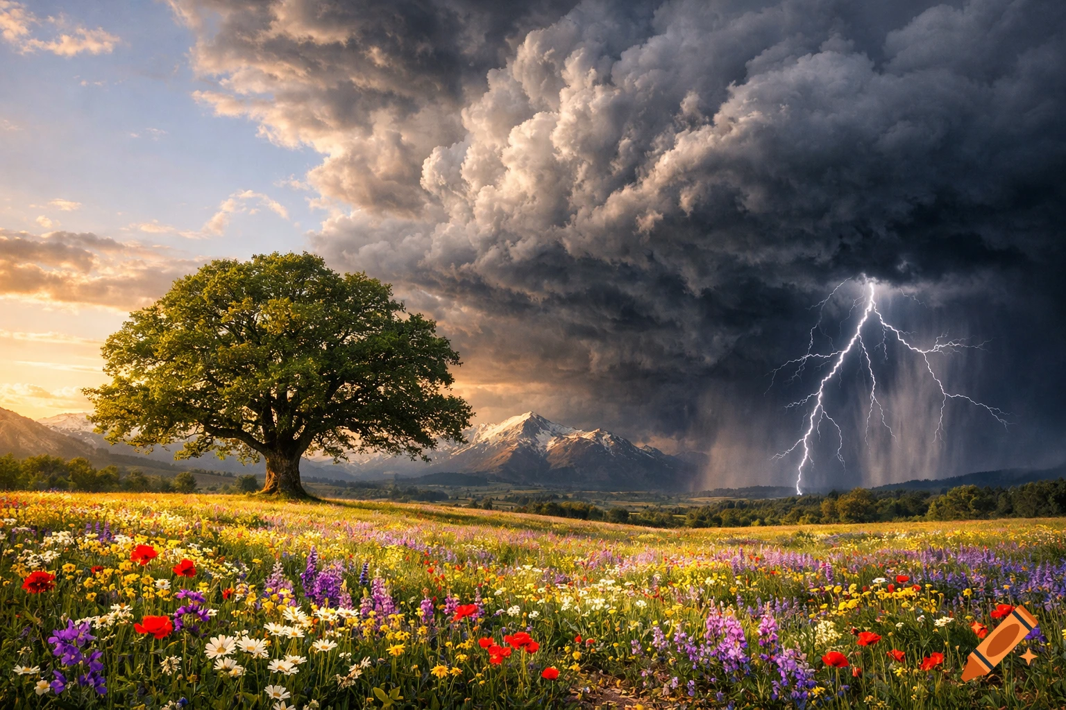 A vibrant wildflower meadow with a large tree under a dramatic sky, half sunlit and half stormy with lightning over snow-capped mountains.