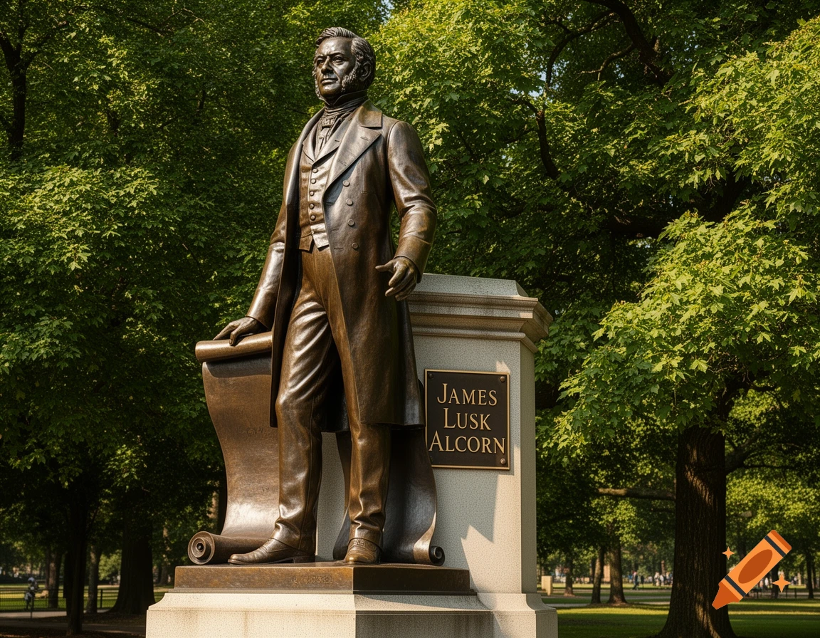 Photorealistic bronze statue of James Lusk Alcorn in a park, surrounded by green trees.