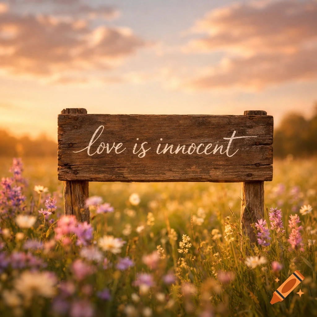 A rustic wooden sign inscribed with "love is innocent" stands in a vibrant field of wildflowers under a golden sunset sky.