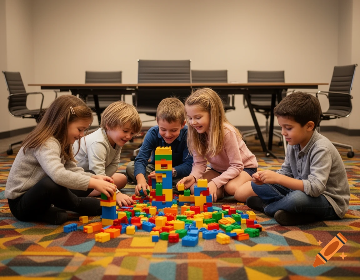 Five smiling children play with colorful building blocks on a patterned rug in a meeting room.