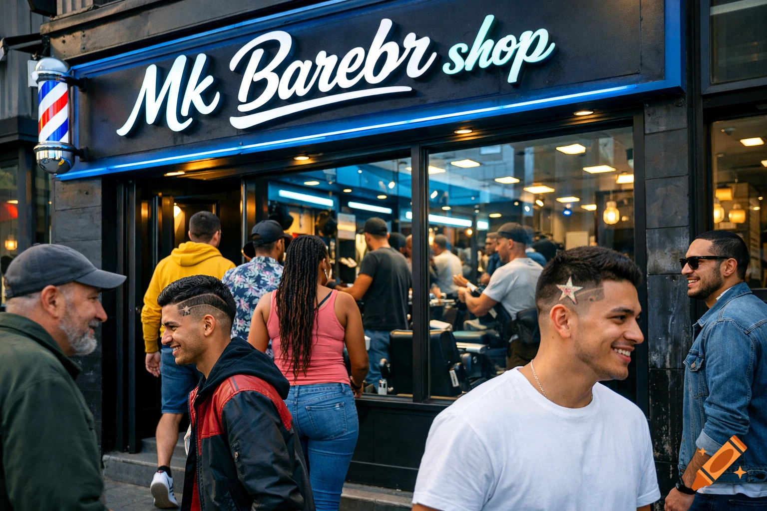 People on a city street outside a barbershop with a 'Mk Barebr shop' sign, some smiling and with fresh haircuts, photorealistic.