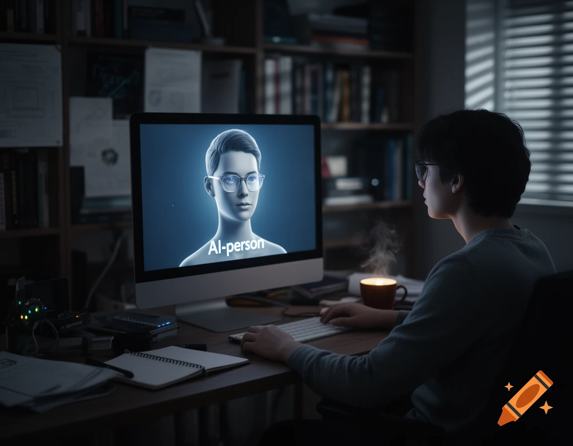 A person with glasses at a computer, displaying an "AI-person" graphic on the screen in a dark study.