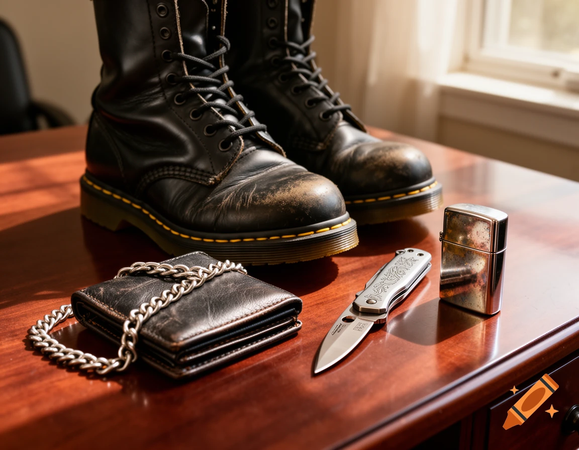 Black worn Doc Martens boots, a chained leather wallet, a pocket knife, and a Zippo lighter on a polished wooden desk, photorealistic.