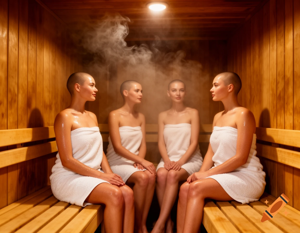 Four bald women wrapped in white towels relax in a steamy wooden sauna.