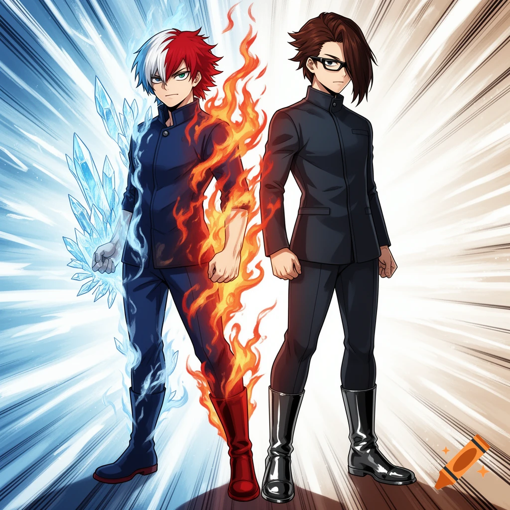 Two anime boys in dark uniforms stand back-to-back against a dynamic background, one with red and white hair manipulating ice and fire, the other with brown hair and glasses.