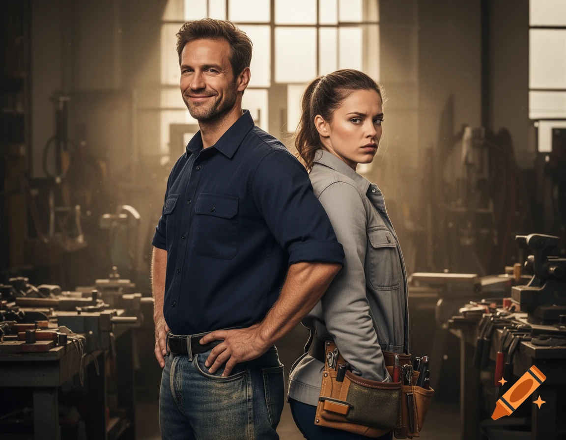 A photorealistic image of a man and woman craftspeople standing back-to-back in a workshop. The man smiles, the woman looks skeptical.
