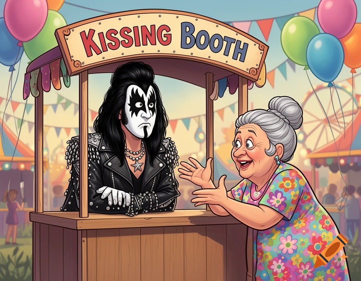A cartoon image of Gene Simmons in a kissing booth looking confused as an excited grandma talks to him at a carnival.