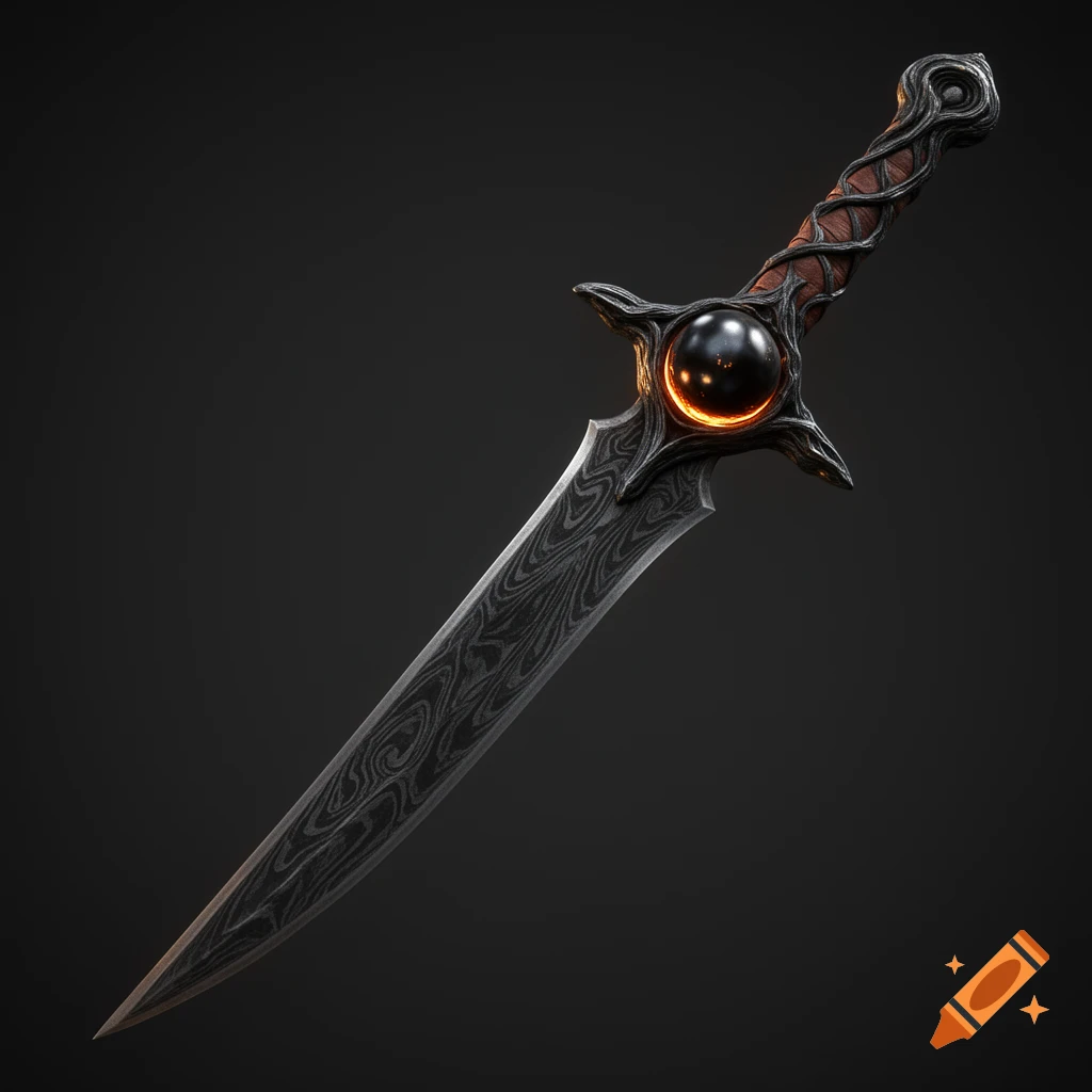 An intricately designed fantasy sword with a dark, patterned blade, a leather-wrapped hilt, and a glowing orange-black orb at its crossguard.