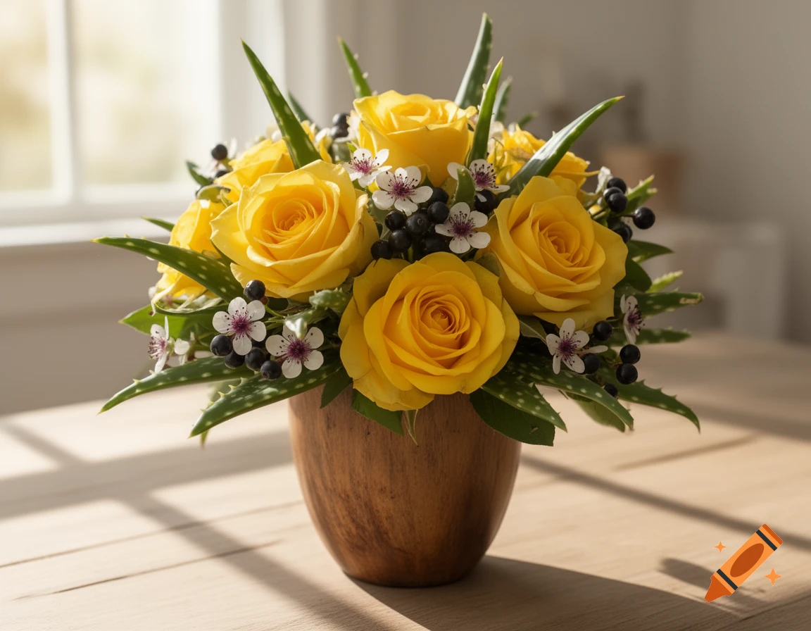 A vibrant bouquet of yellow roses, green aloe leaves, and dark berries in a wooden vase, on a sunlit table.