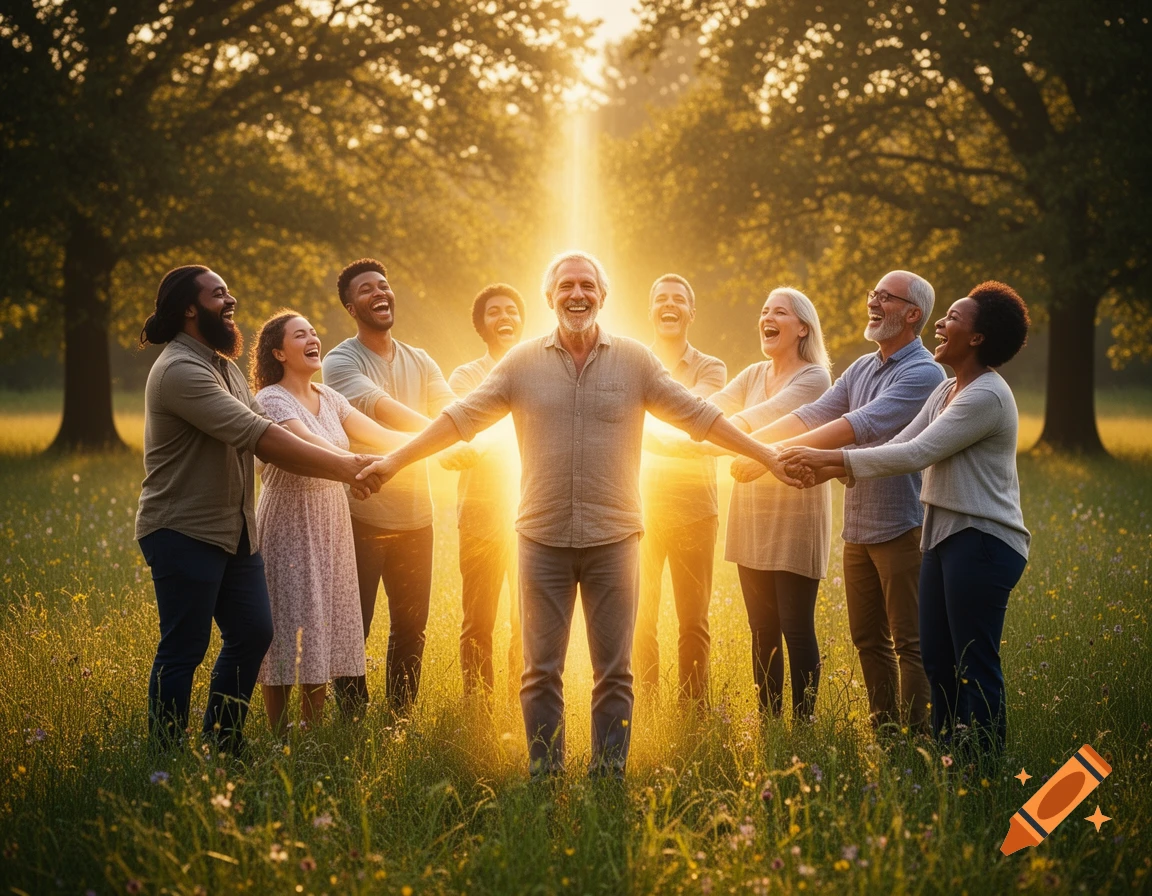 A diverse group of happy people holding hands in a circle in a sunny, grassy field, bathed in golden light.