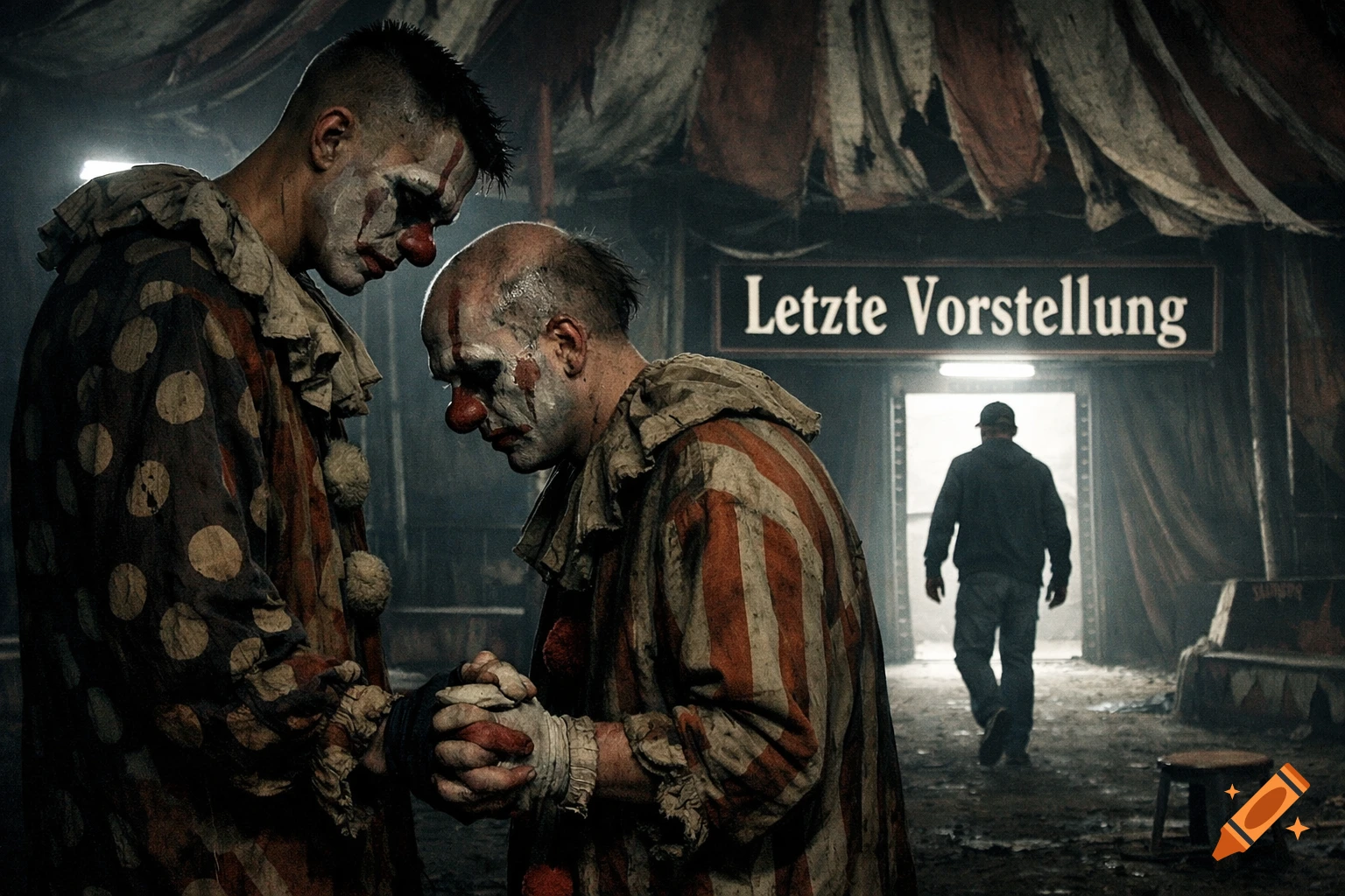 Two melancholic clowns gripping hands in a dark, deserted circus tent as a figure walks away under a 'Letzte Vorstellung' sign.