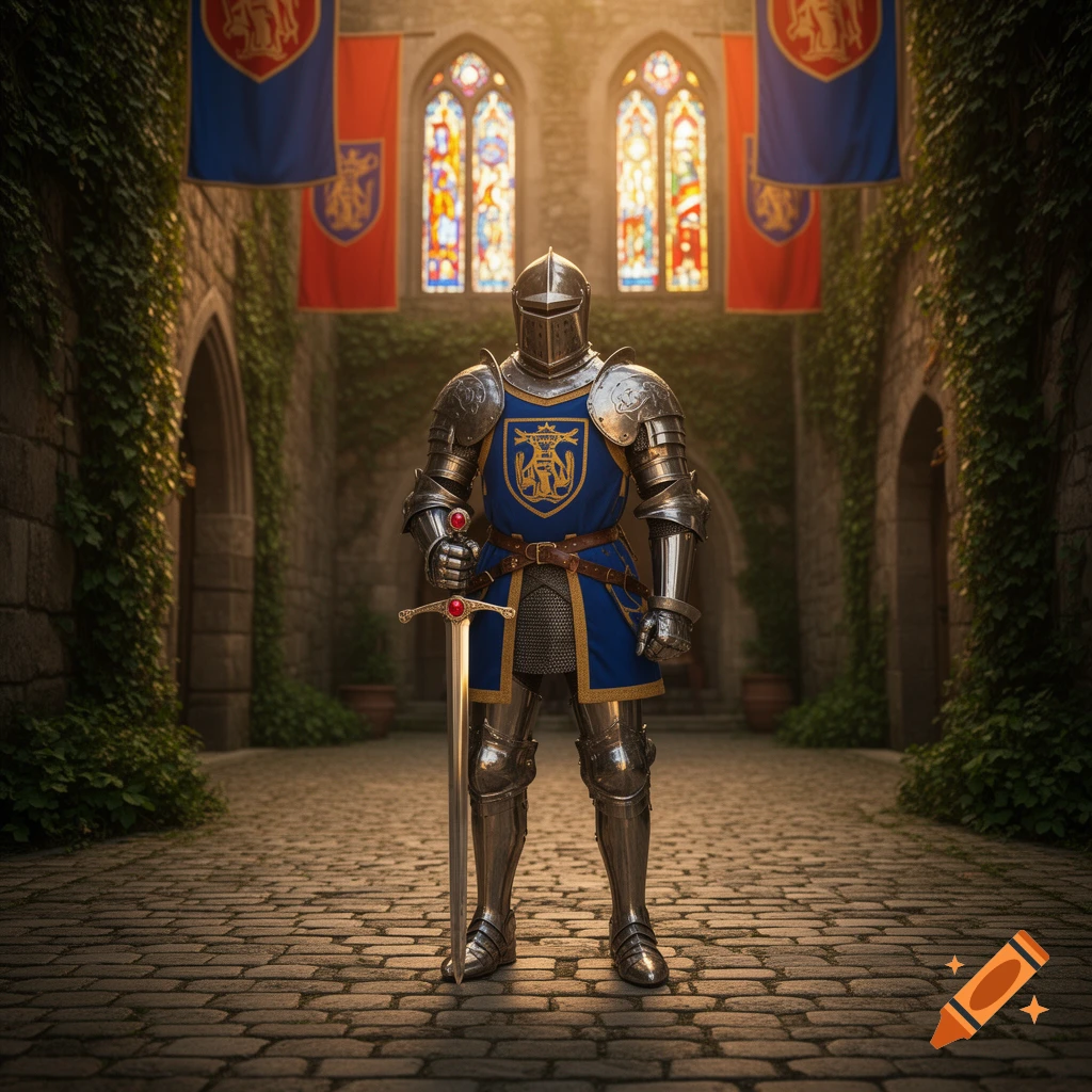 A knight in full plate armor, wearing a blue tunic with a golden crest, stands holding a sword in a stone castle courtyard.