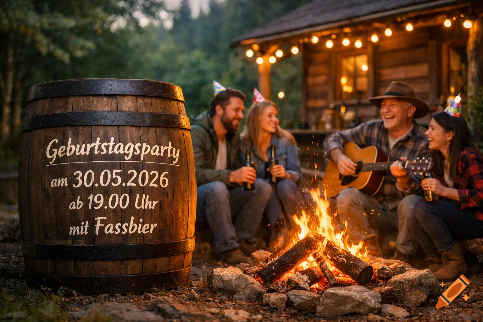 Friends celebrate a birthday by a campfire at a rustic cabin, with a barrel in the foreground displaying party details in German.