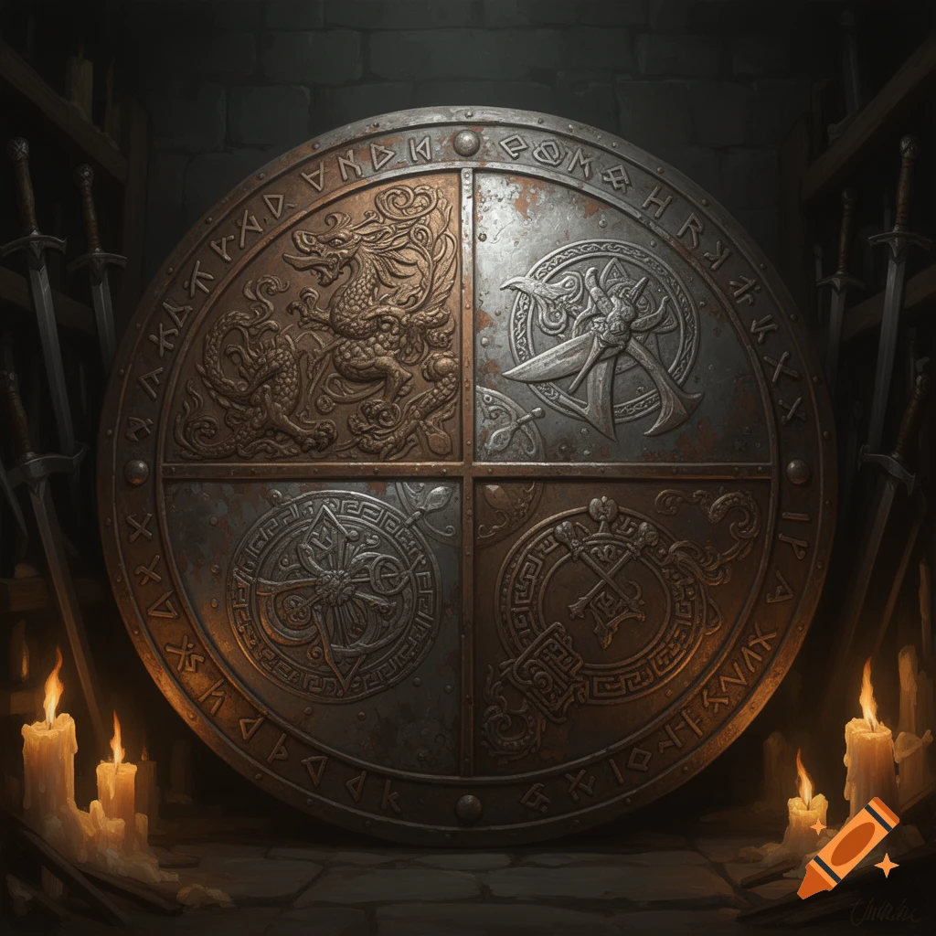 A detailed, round metal shield with embossed fantasy designs, runes, and a dragon, flanked by lit candles and swords in a dark, stone room.